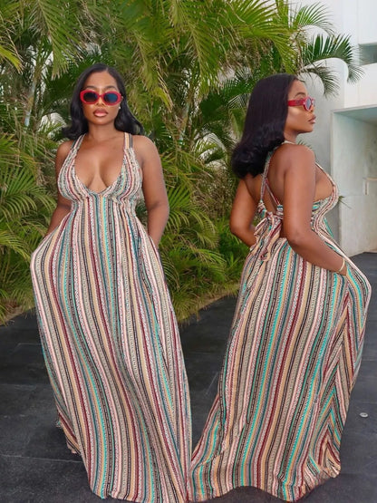 Striped Deep V-Neck Maxi Dress