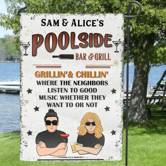 Personalized Flag/Metal Sign - Poolside Bar & Grill Flag/Metal Sign - Gift for Family, Couple, Husband and Wife - Poolside Bar & Grill Grillin' & Chillin'
