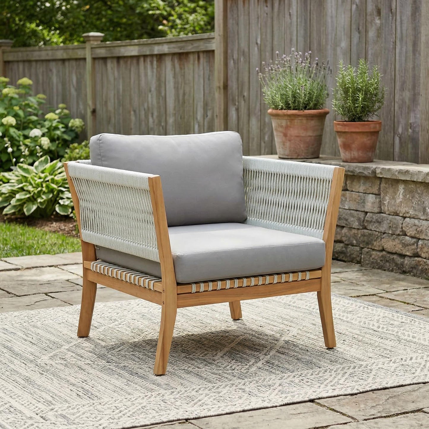 30.3" Outdoor Acacia Wood Patio Chair with Woven Rope Accents