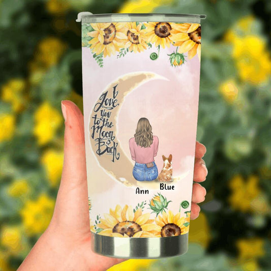 Personalized Dog Mom Sunflower Tumbler - Gift For Dog Lover With Up to 4 Dogs - I Love You To The Moon & Back