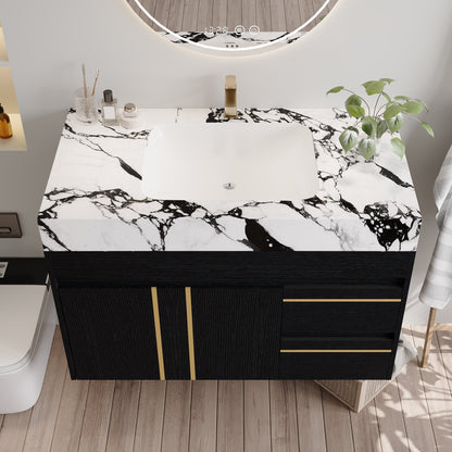36" Floating Bathroom Vanity with Ceramic Sink and Faux Marble Top