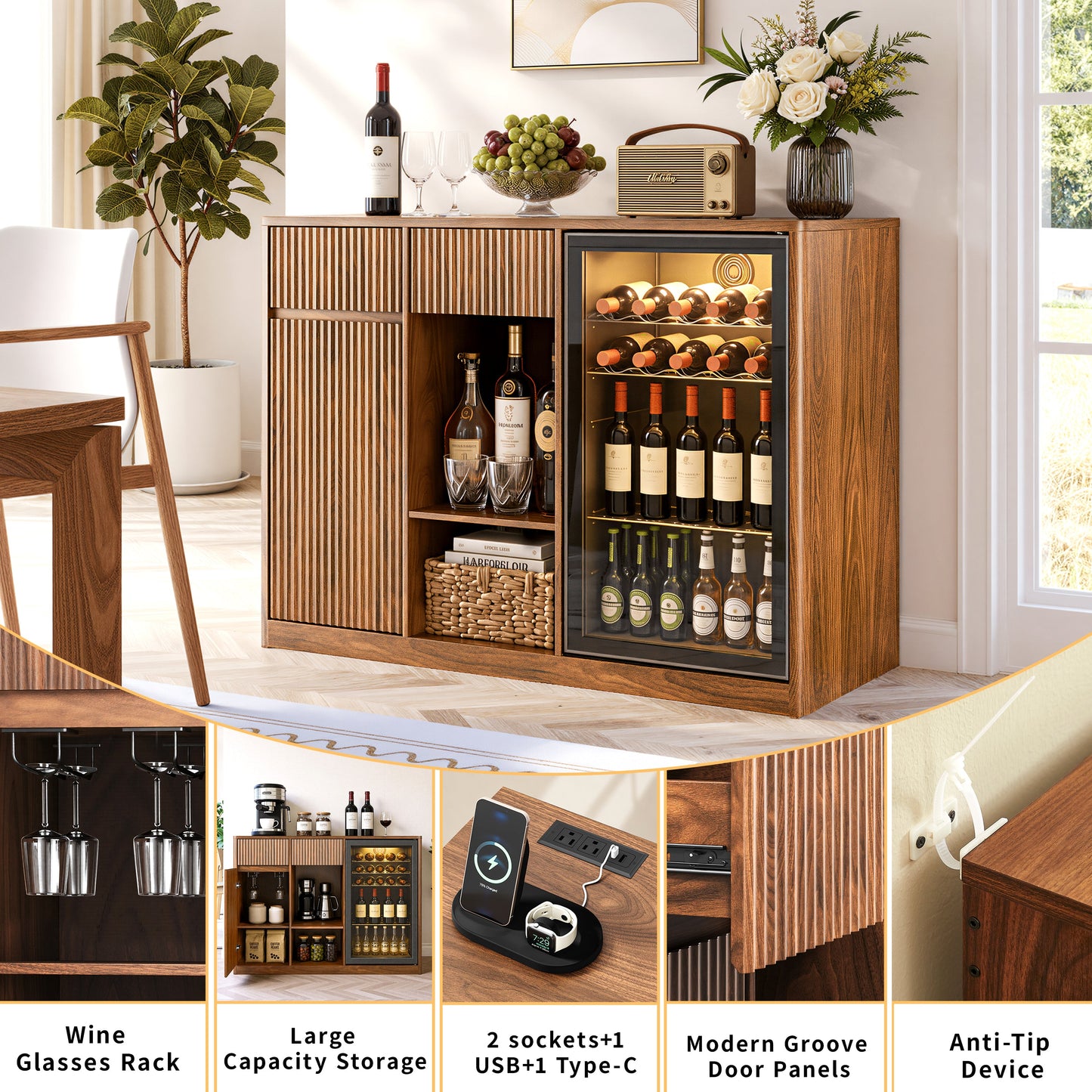 51" Fluted Bar Cabinet with Fridge Space and Wine Glass Rack