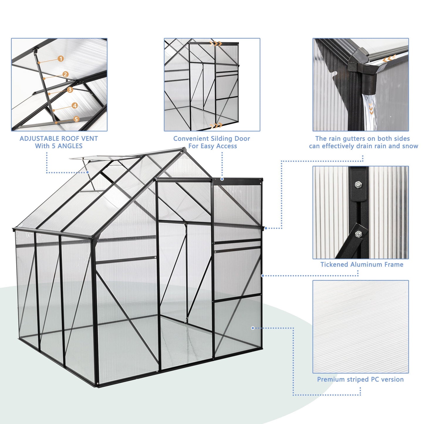 Polycarbonate house Raised Base And Anchor Aluminum Heavy Duty Walk-In houses For Outdoor Backyard In All Season