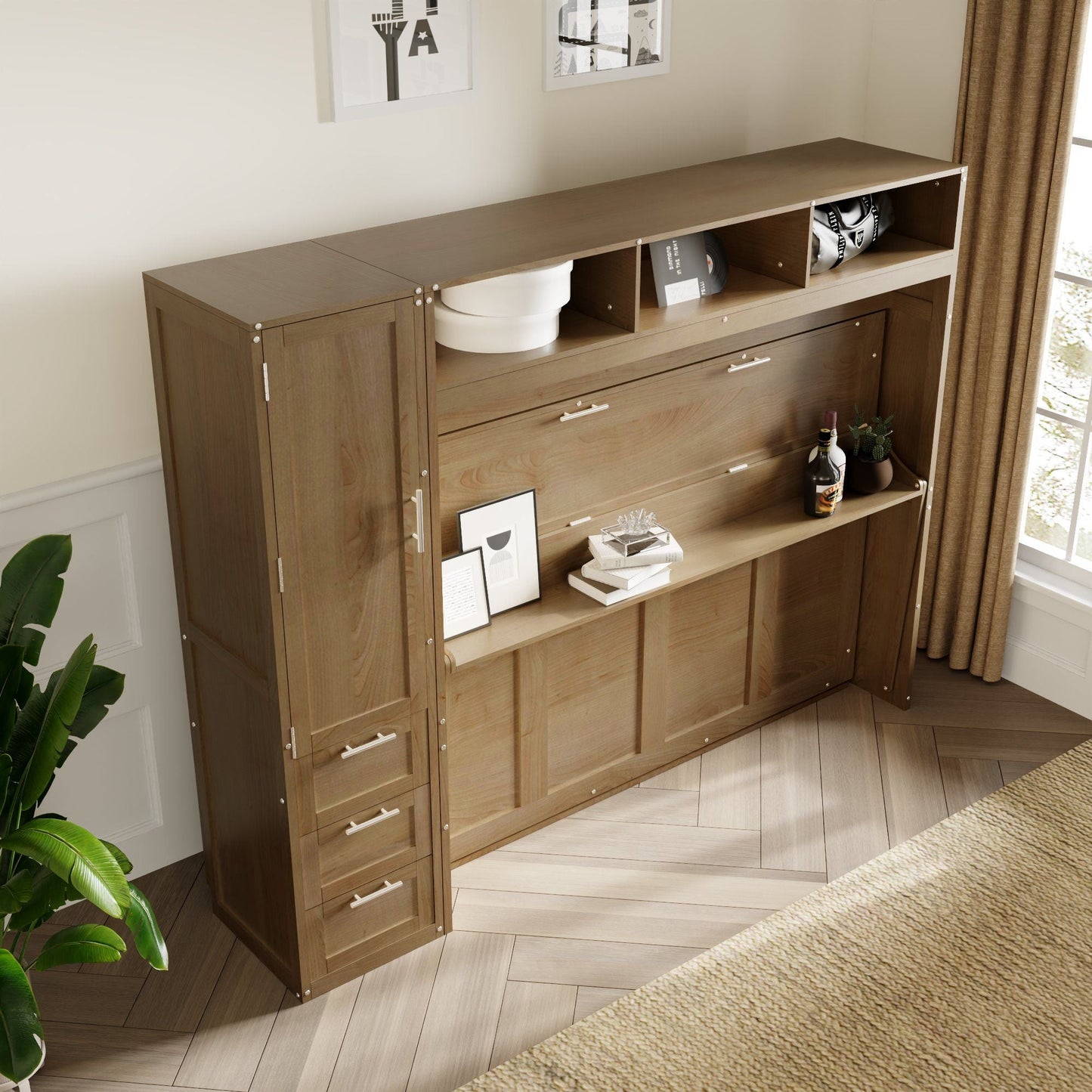 Full Size Murphy Bed With Wardrobe, Drawers, And Open Shelves - Wood