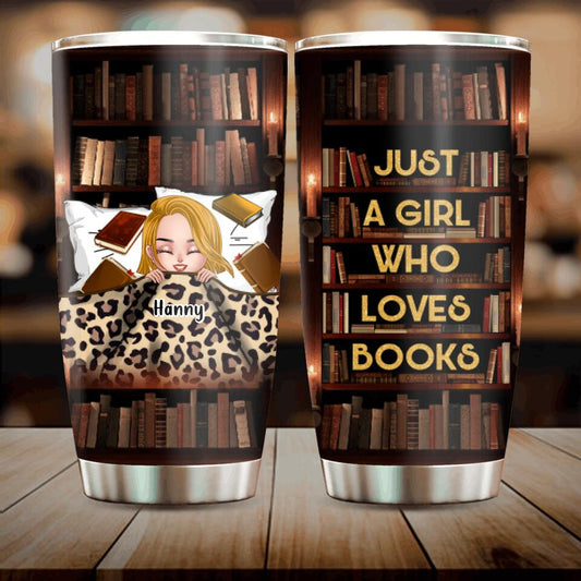 Personalized Stay In Bed With Books And Pets Tumbler - Up to 6 Pets - Gift For Books/Dogs/Cats Lovers - Just A Girl Who Loves Books