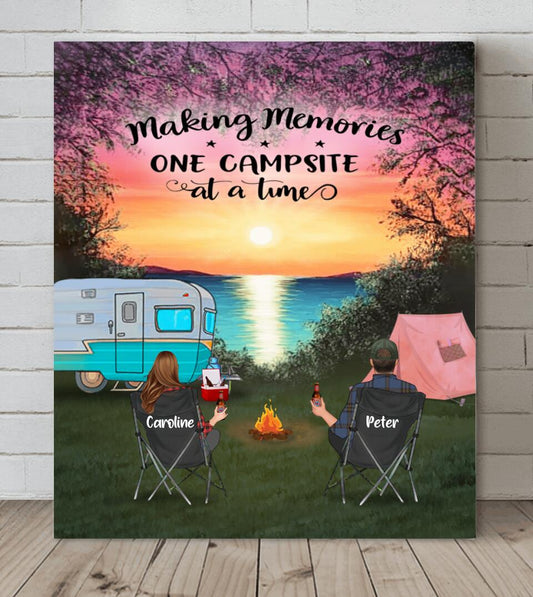Personalized Camping Canvas - Couple With Up to 2 Kids And 3 Pets - Gift Idea For Camping Lover - Making Memories One Campsite At A Time