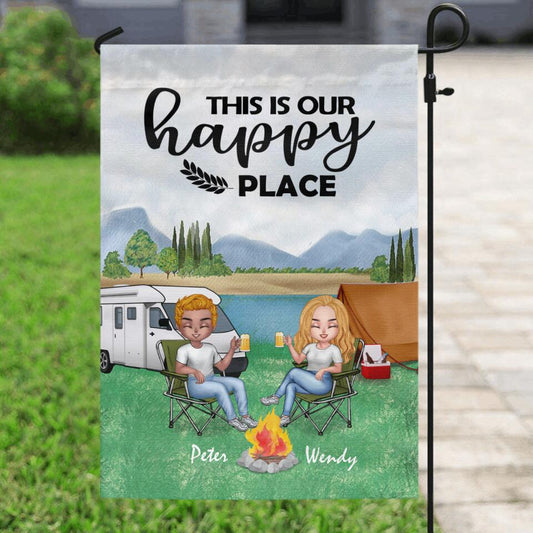 Personalized Camping Chibi Flag Sign - Couple With Up to 3 Dogs - Gift Idea For Dog/Camping Lover - This Is Our Happy Place