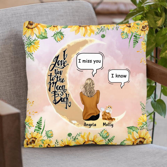 Personalized Memorial Cat Sun Flower Pillow Cover/Quilt/Fleece Throw Blanket - Up to 6 Cats - Memorial Gift Idea For Cat Lover - I Love You To The Moon And Back
