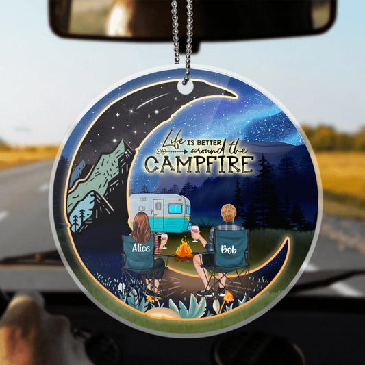 Personalized Camping Moon Couple Valentine's Day Car Ornament - Gift Idea For Camping Lover - Life Is Better Around The Campfire
