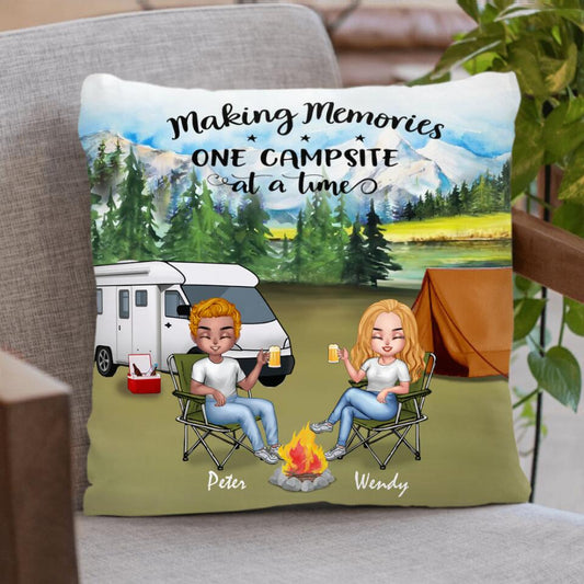 Personalized Camping Couple Valentine's  Day Round Pillow - Couple With Up to 2 Dogs - Gift Idea For Camping Lover - Making Memories One Campsite At A Time