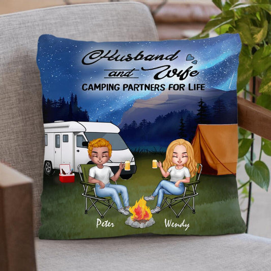 Personalized Camping Night Chibi Pillow Cover - Couple With Up to 3 Dogs - Gift Idea For Camping Lover - Husband And Wife Camping Partners For Life