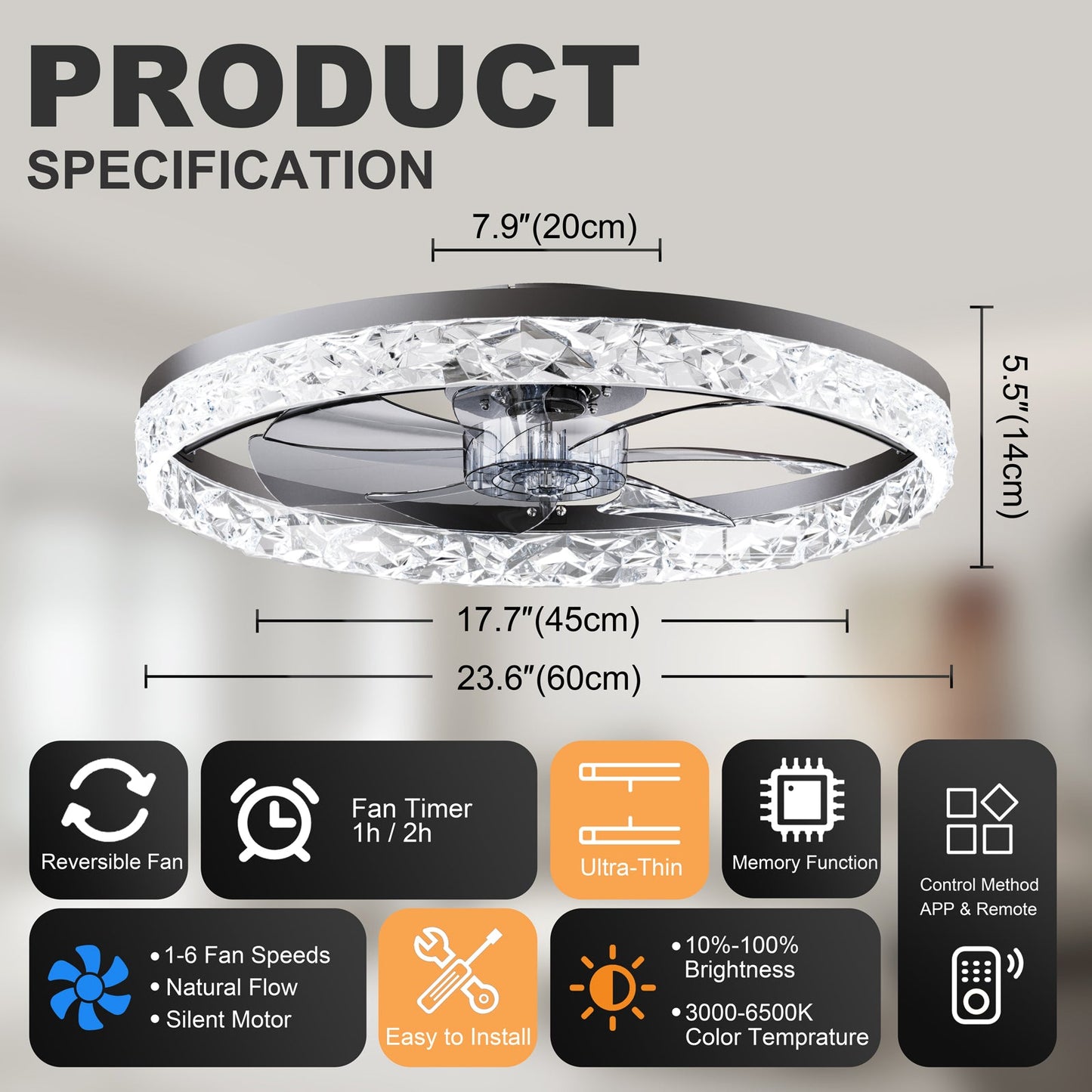 23.6" Ceiling Fan with Lights, Remote and App Control