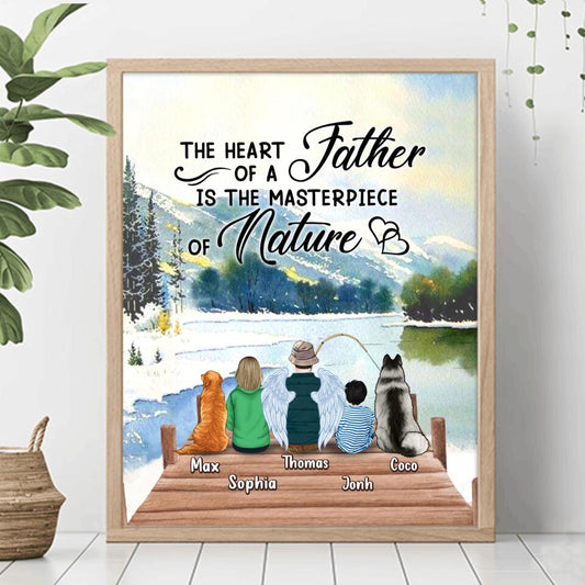 Personalized Father Fishing Poster - Father With Up to 2 Kids And 2 Pets - Gift Idea For Father/Fishing Lover - The Heart Of A Father Is The Masterpiece Of Nature