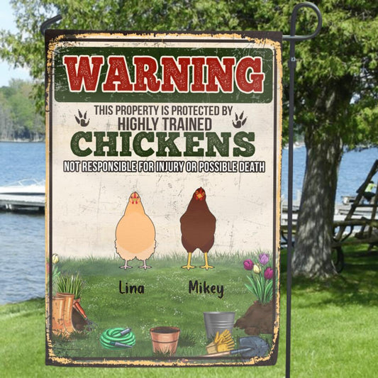 Personalized Chicken Flag Sign - Up to 7 Chickens - Best Gift For Chicken Lovers - This Property Is Protected By Highly Trained Chickens Not Responsible For Injury Or Possible Death
