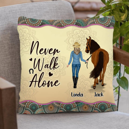 Personalized Horse Girl Pillow Cover - Up to 4 Horses - Gift Idea For Horse Lovers - Never Walk Alone