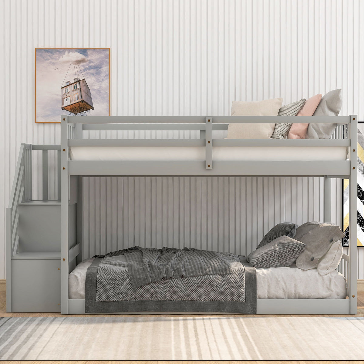 Norset - Twin Over Twin Floor Bunk Bed, Ladder With Storage