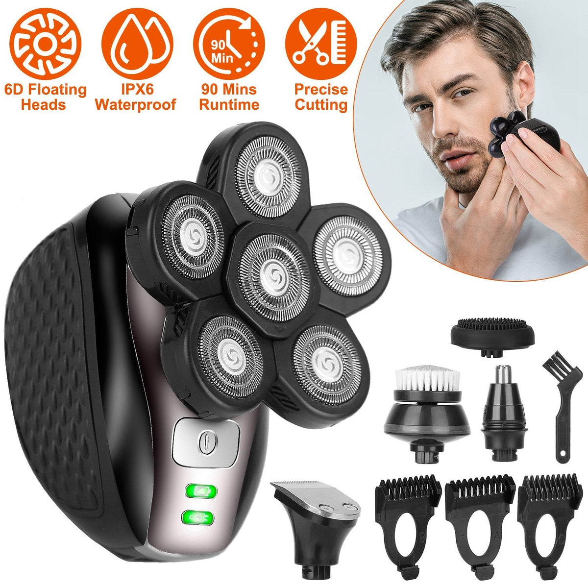 5 In 1 Electric Razor For Bald Men Rechargeable Cordless Head Beard Trimmer Shaver Kit IPX6 Waterproof Dry Wet Grooming Kit with 3 Combs
