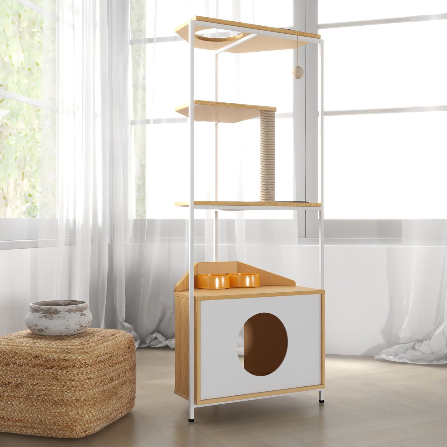 Corner Cat Tower, Cat Tree With Scratching Post, Cat Condo With Feeding Station And Climbing Platforms, Pet Furniture For Indoor Cats - White / Light Oak