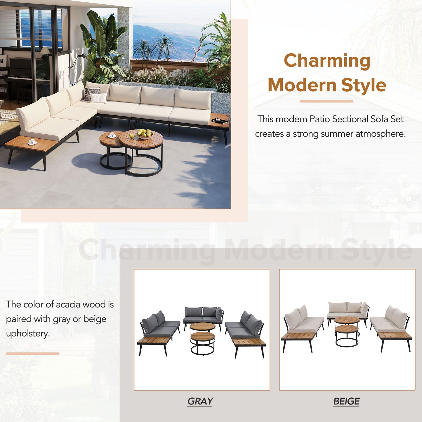 Modern Outdoor Sectional Sofa Set With Nesting Coffee Tables