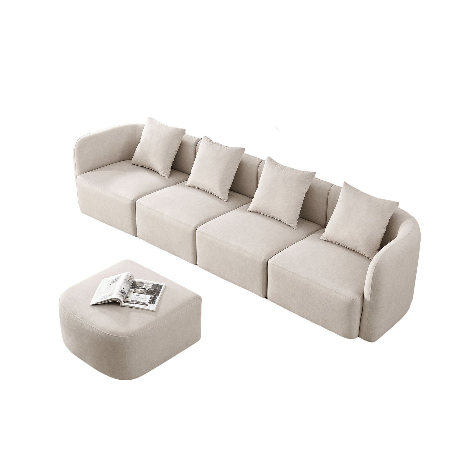 L-Shaped Modular Sectional Sofa With Ottoman, Living Room Furniture Set - Beige