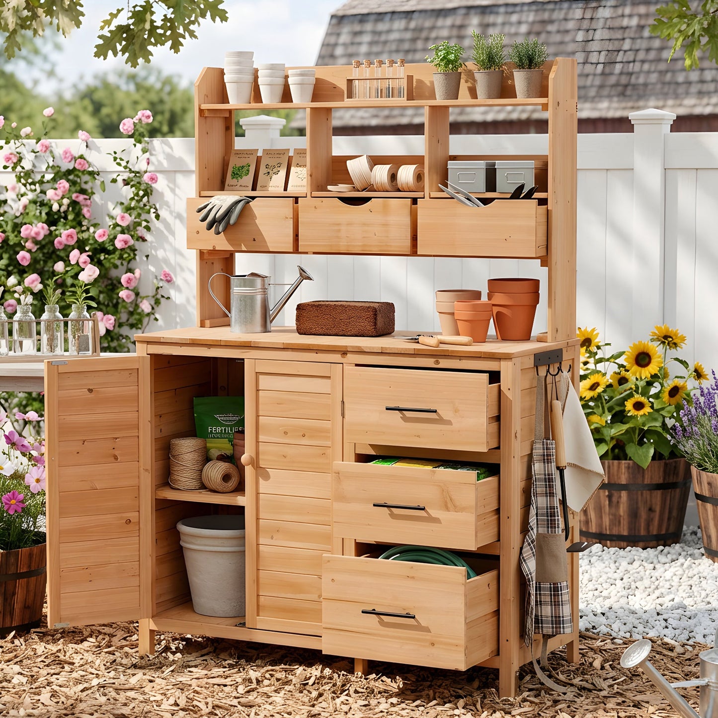 TOPMAX Farmhouse Patio Potting Bench with Storage and Workstation
