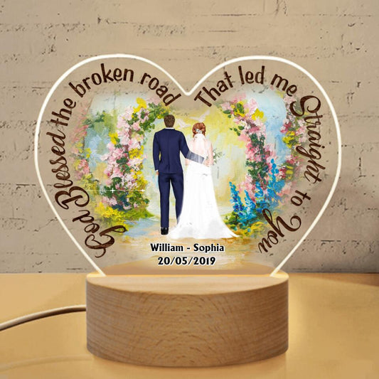 Personalized Wedding Heart-Shaped Acrylic Photo Panel - Gift Idea For Couple - God Blessed The Broken Road That Led Me Straight To You