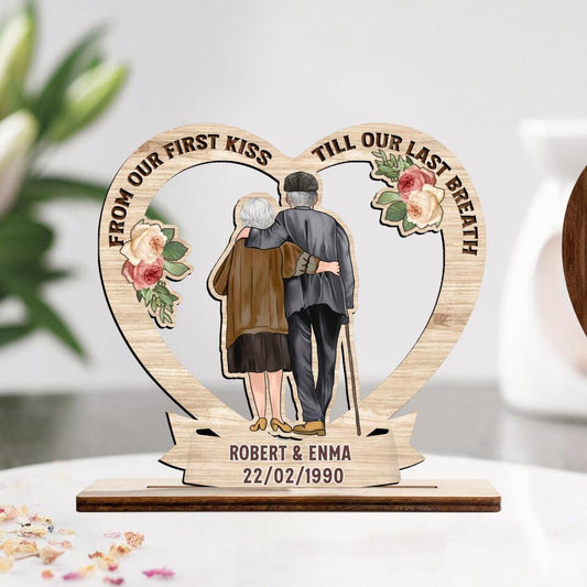 Personalized Couple Wooden Plaque - Gift for Couples, Husband and Wife - Old Couple Hugging - From Our First Kiss Till Our Last Breath