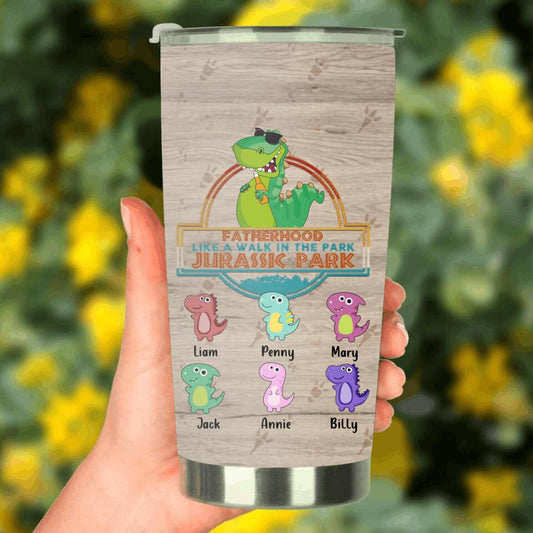 Personalized Dinosaur Tumbler - Gift Idea From Kids To Father with up to 6 Kids - Fatherhood Like A Walk In The Park