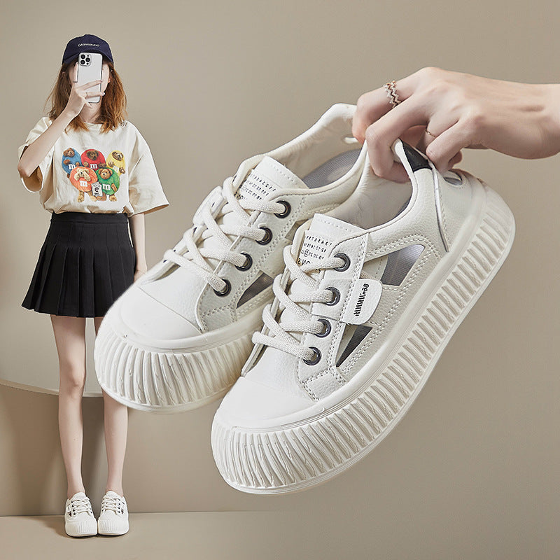 New Breathable Womens Hollow-out Casual Sneakers Chunky-soled Versatile White Shoes
