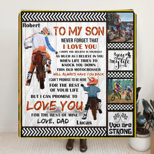 Personalized Father & Son Biker Fleece Throw Blanket/Quilt - Gift Idea For Bike Lovers - To My Son Never Forget That I Love You