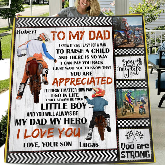 Personalized Father & Son Biker Fleece Throw Blanket/Quilt - Father's Day Gift Idea For Bike Lovers - To My Dad I Know It's Not Easy To Raise A Child