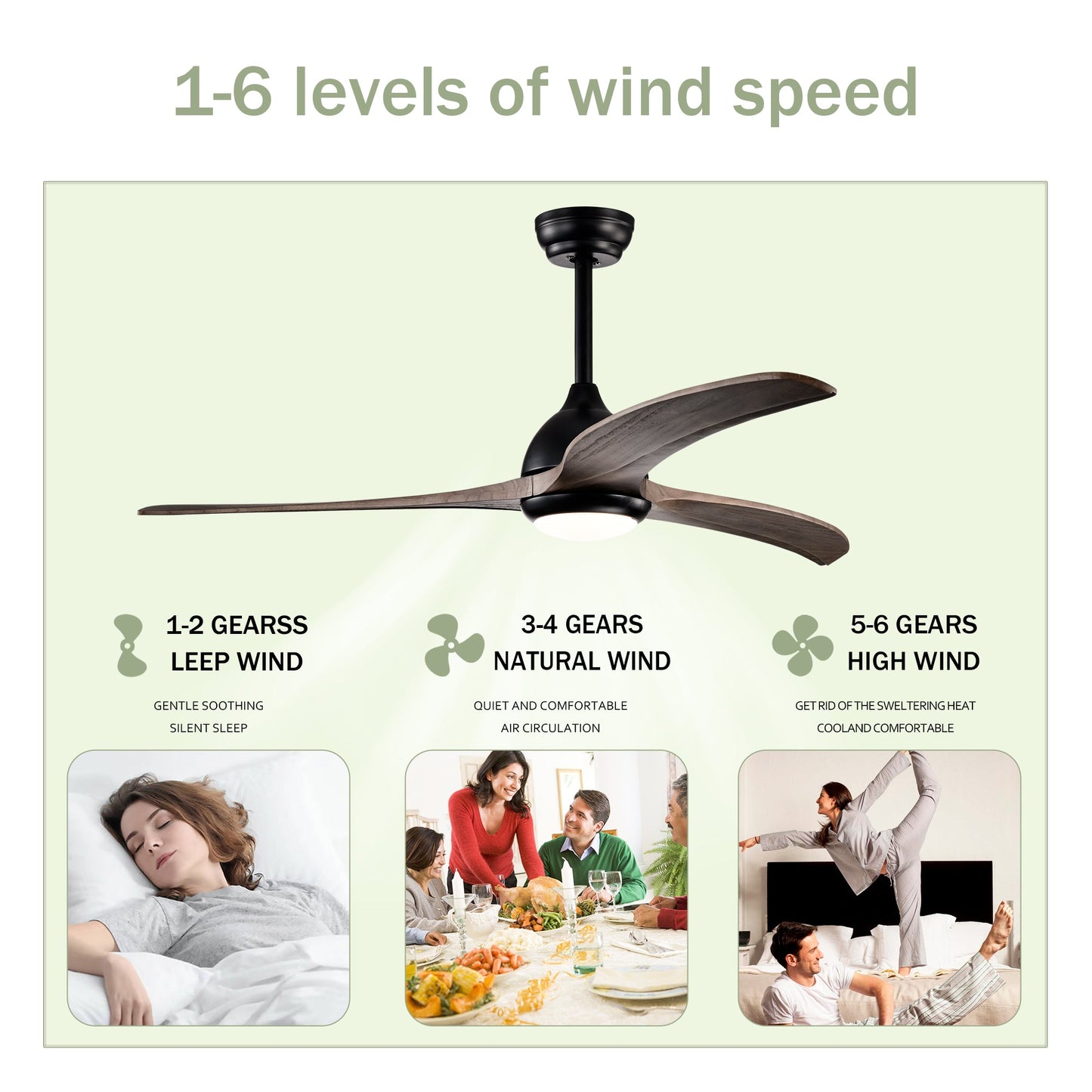52" Solid Wood Blades Ceiling Fan with Light and Remote Control