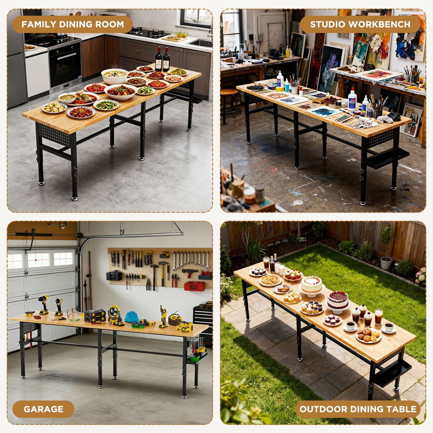 Adjustable Workbench, Side Pegboard, 4 Height Settings, Power Outlet, Storage Box, Wheels Or Leveling Feet - Black