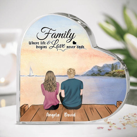 Personalized Family Heart Shaped Acrylic Plaque - Couple/Parents With Up to 2 Kids And 4 Pets - Gift Idea For Family/Dog/Cat Lover - Family Where Life Begins And Love Never Ends