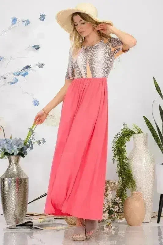 Celeste Full Size Leopard Round Neck Short Sleeve Maxi Dress Plus Size