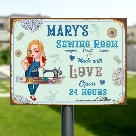 Personalized Sewing Metal Sign - Gift Idea For Sewing Lover - Sewing Room, Imagine, Create, Inspire, Made With Love Open 24 Hours