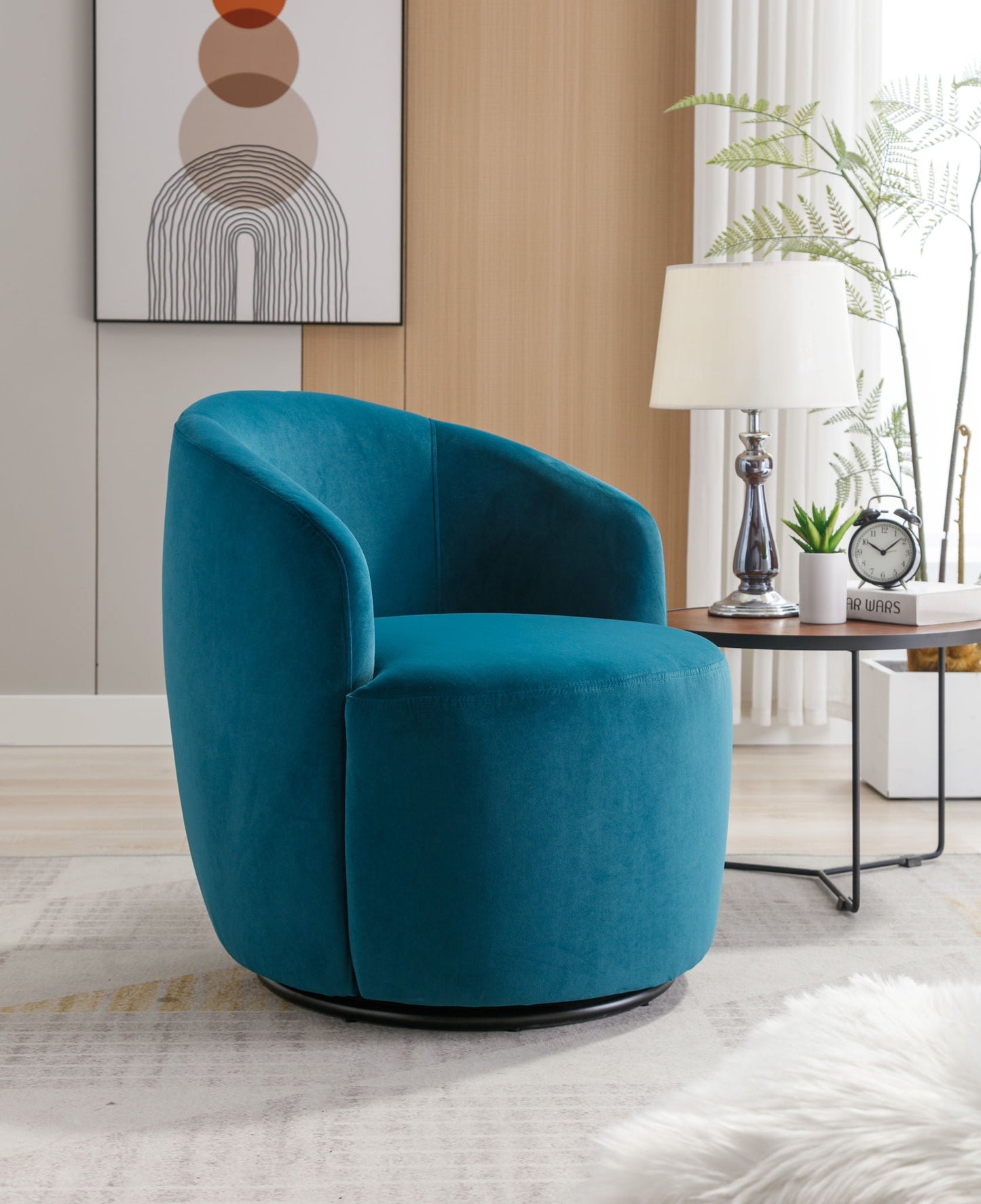 Swivel Accent Armchair Barrel Chair With Powder Coating Metal Ring