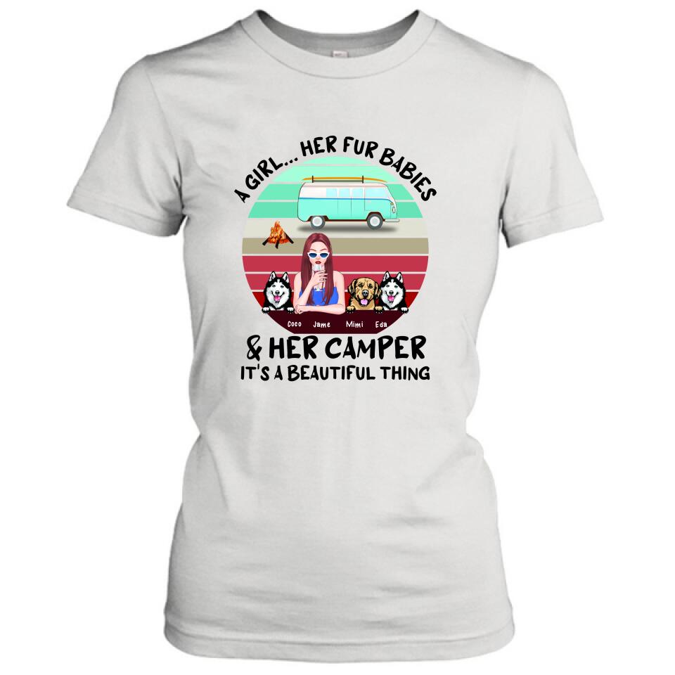 Personalized Camping Shirt - Women With  Up to 3 Dogs - Best Gift For Dog Lover - A Girl Her Fur Babies Her Dogs And Her Camper It's A Beautiful Thing