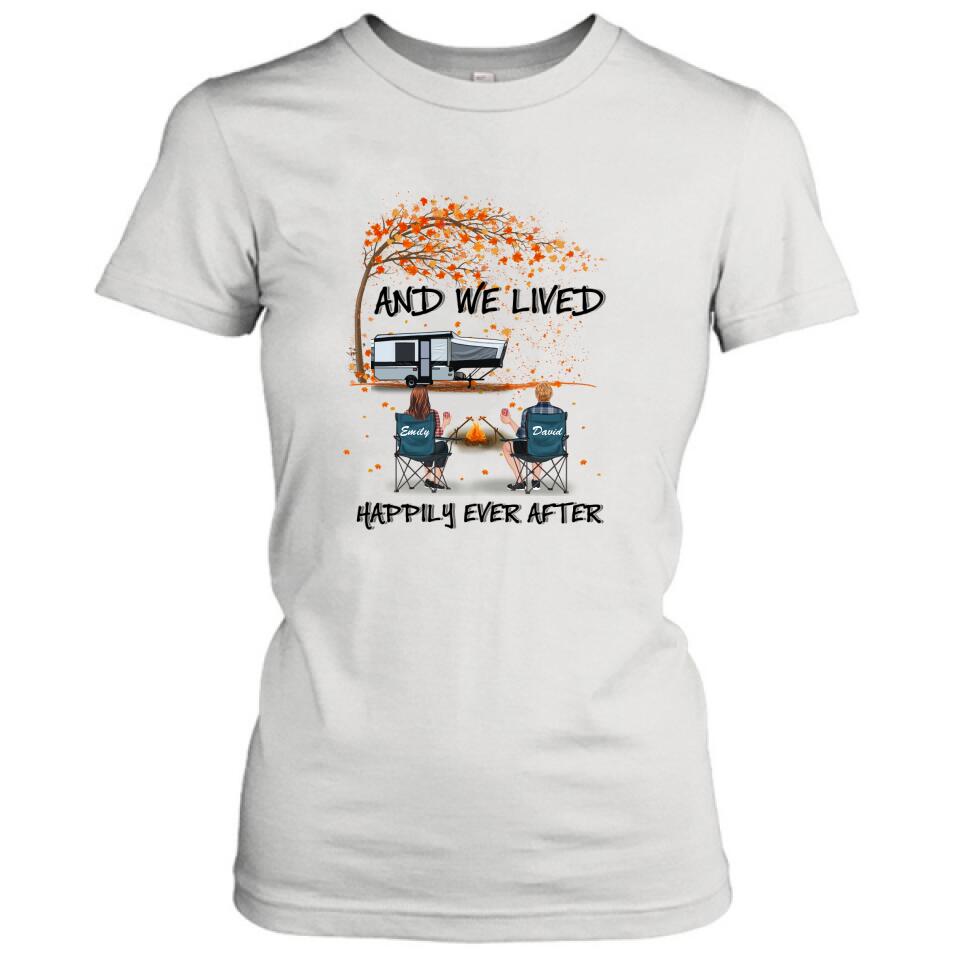 Personalized Autumn Camping T-shirt/Pullover Hoodie - Couple/Parents With Up to 4 Kids, 4 Pets - Gift For Camping Lover - And We Lived Happily Ever After