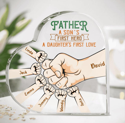 Personalized Father Heart-Shaped Acrylic Plaque - Up to 6 Kids - Best Gift Idea For Father's Day - Father A Son's First Hero A Daughter's First Love