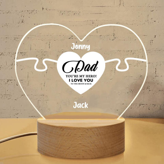 Personalized Father Heart-Shaped Acrylic Photo Panel with Light Base - Up to 7 People - Gift Idea for Father's Day - You're My Hero