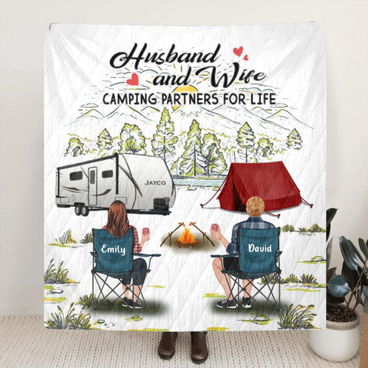 Personalized Camping Quilt/Fleece Throw Blanket - Gift Idea For Camping Lovers/Couple With Up To 4 Dogs - Husband And Wife Camping Partners For Life