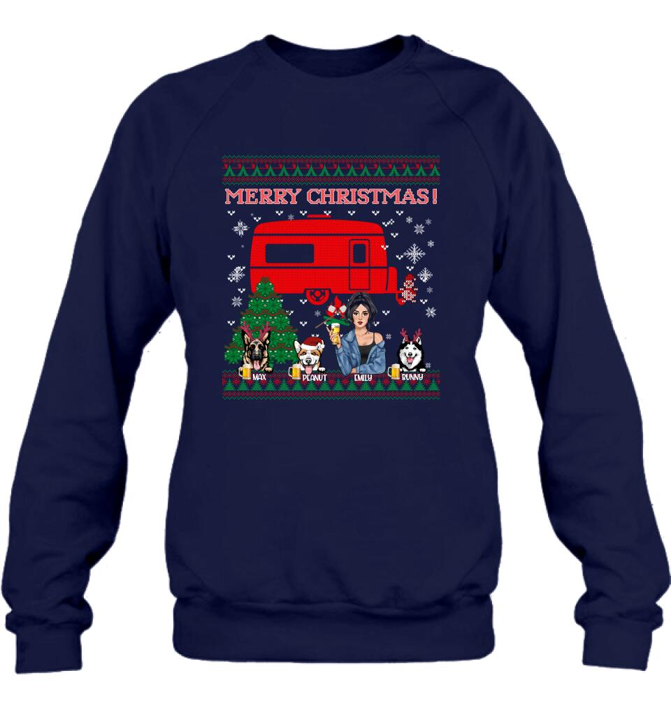Personalized Dog Mom Camping Sweatshirt - Up to 3 Dogs - Merry Christmas