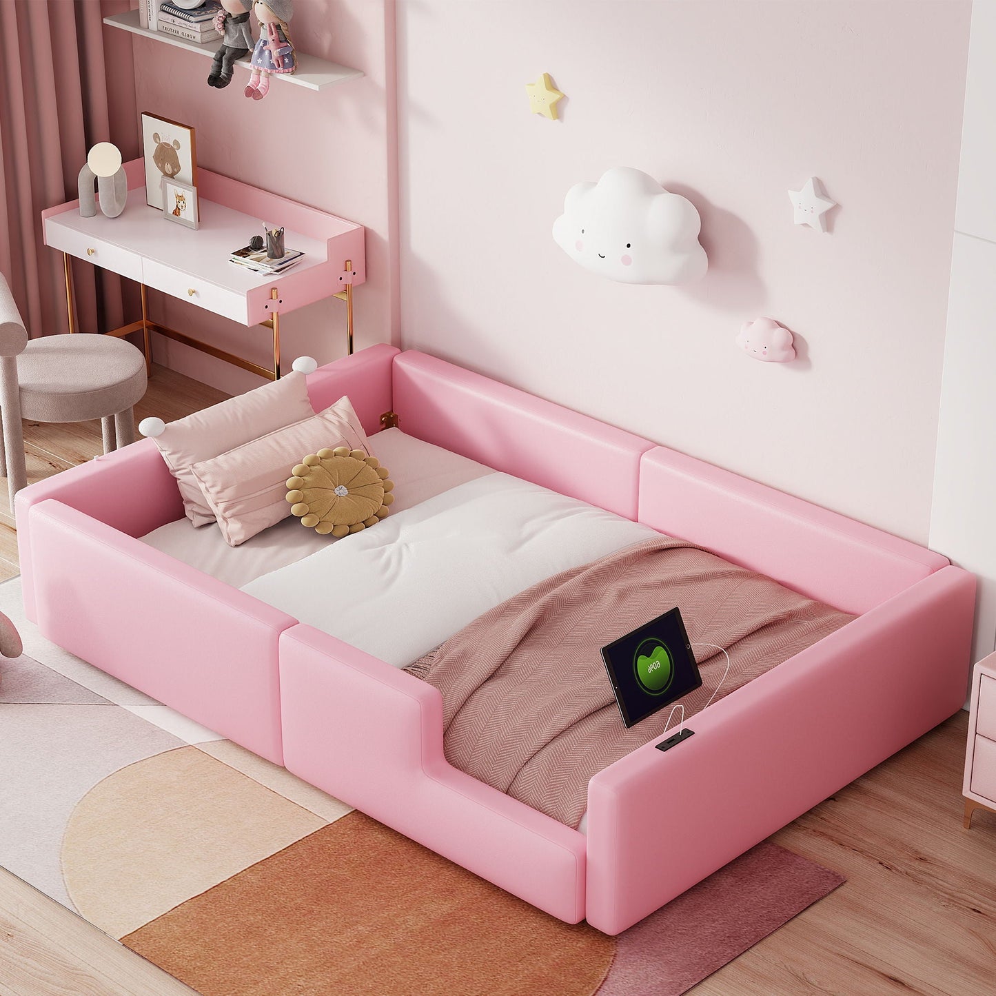Platform Bed With Guardrail And Charging Station