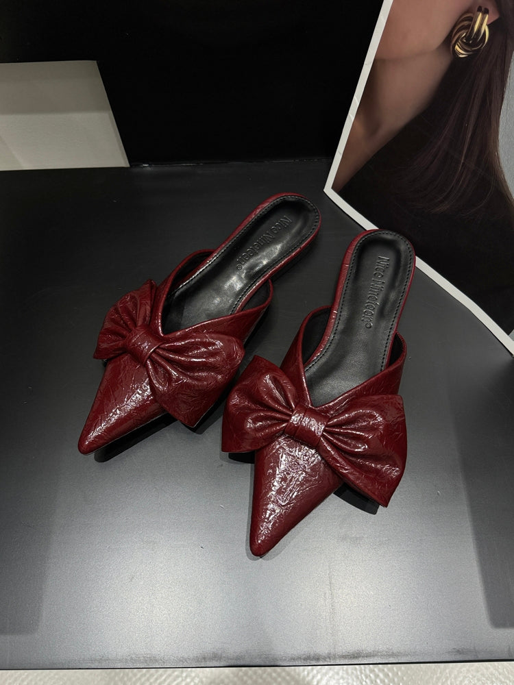 Women New Spring Summer Pointed Toe Bow V-Cut Mules, Elegant Flat Closed Toe Slide Sandals For Outdoor Wear
