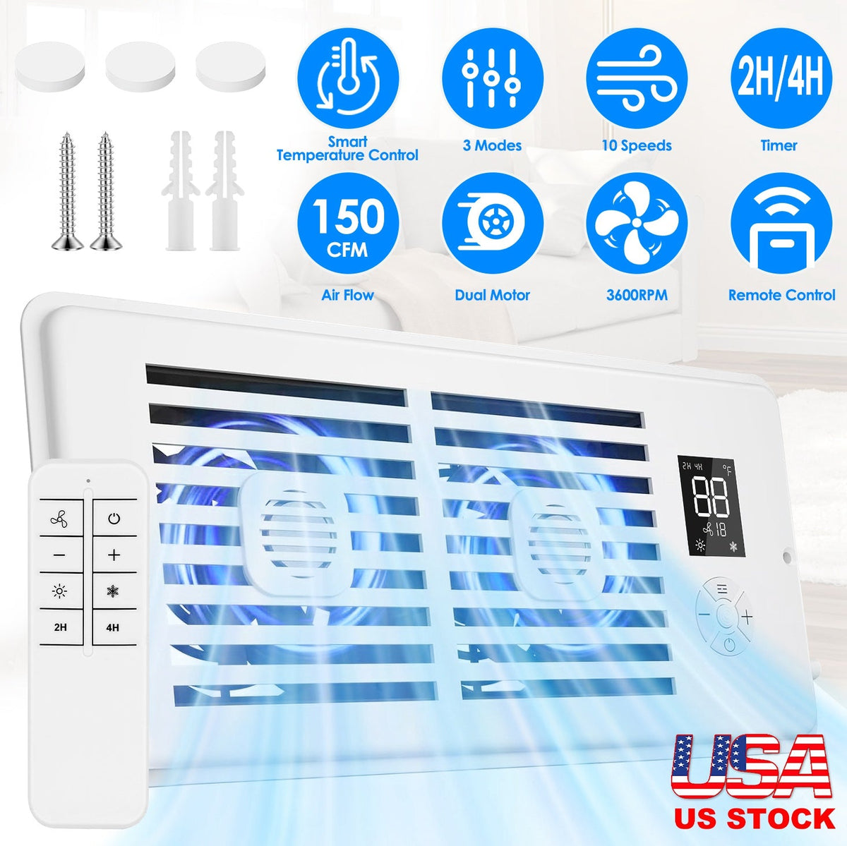 Register Booster Fan Smart AC Vent Booster Fan Fits 4" x 10" Register Holes with 3 Modes 10 Speeds 2H/4H Timer LCD Screen 2 Scent Diffuser Slots Remot