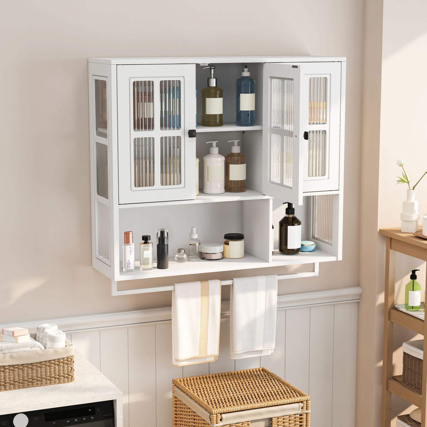 3 Door Wall Cabinet With Glass Door And Towel Bar