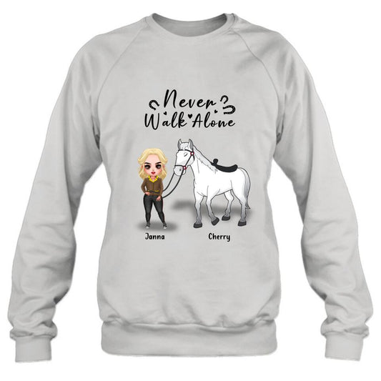 Personalized Horse Girl Chibi Hoodie/Sweatshirt/T-shirt/Long Sleeve - Gift For Horse Lovers with up to 2 Horses - Never Walk Alone