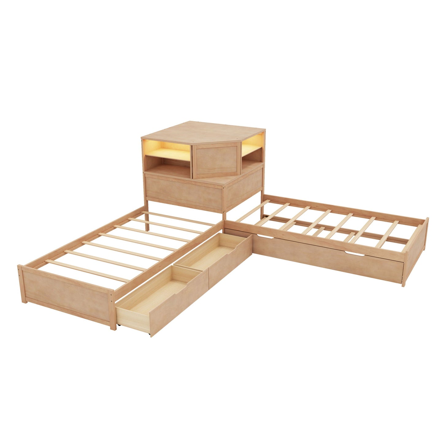 L-Shaped Bed Frame With Trundle, Built In Desk & LED Lighting