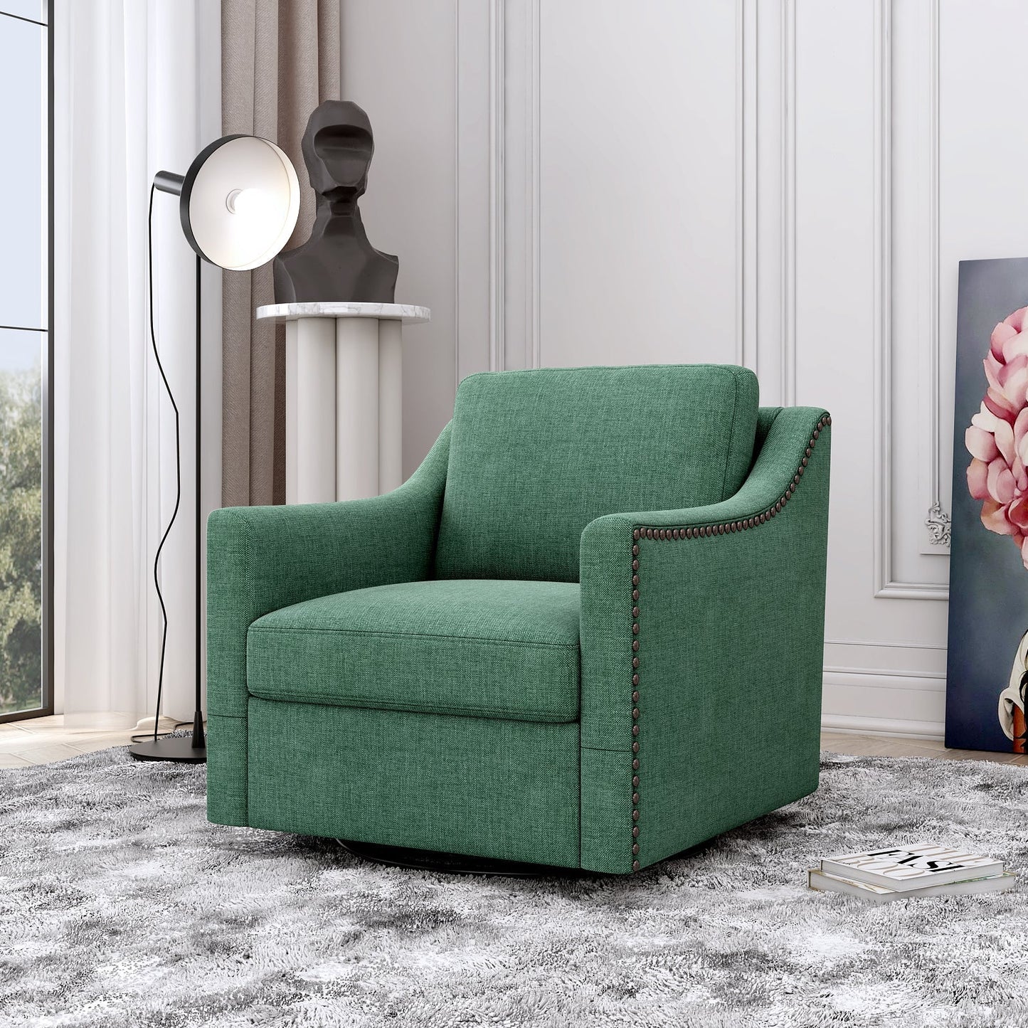 360 Degree Swivel Armchair Cotton Linen Fabric with Brass Nail Detailing